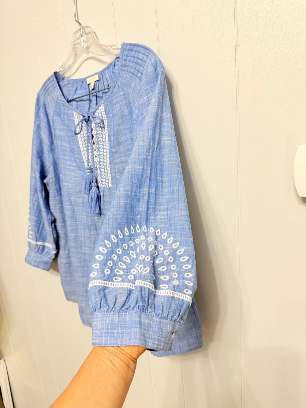 #14)  Talbots Light Blue Embroidered Tie-Neck Tunic - Picture 3 of 7